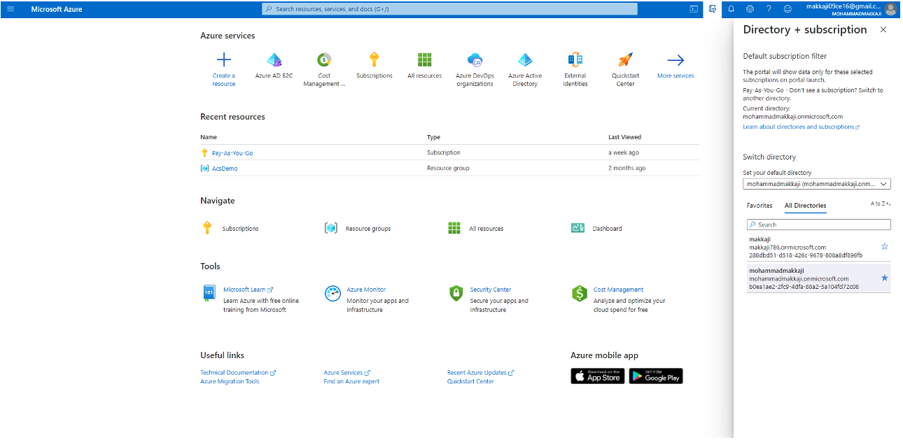 Log in to the Azure AD portal and Select the Directory + Subscription icon