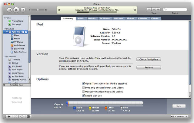 Palm Pre syncing with iTunes